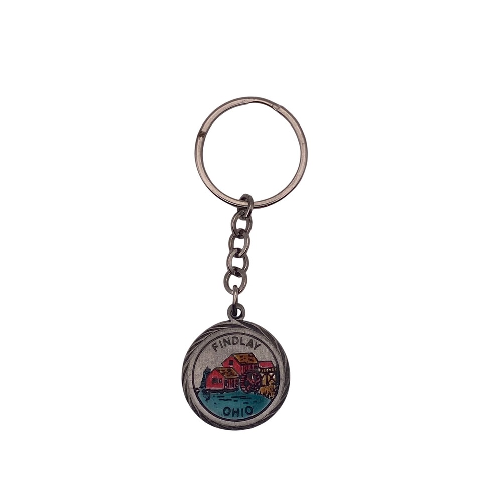 Vintage 1983 Spooniques Findlay Ohio Water Mill Pewter Keychain Souvenir Silver
